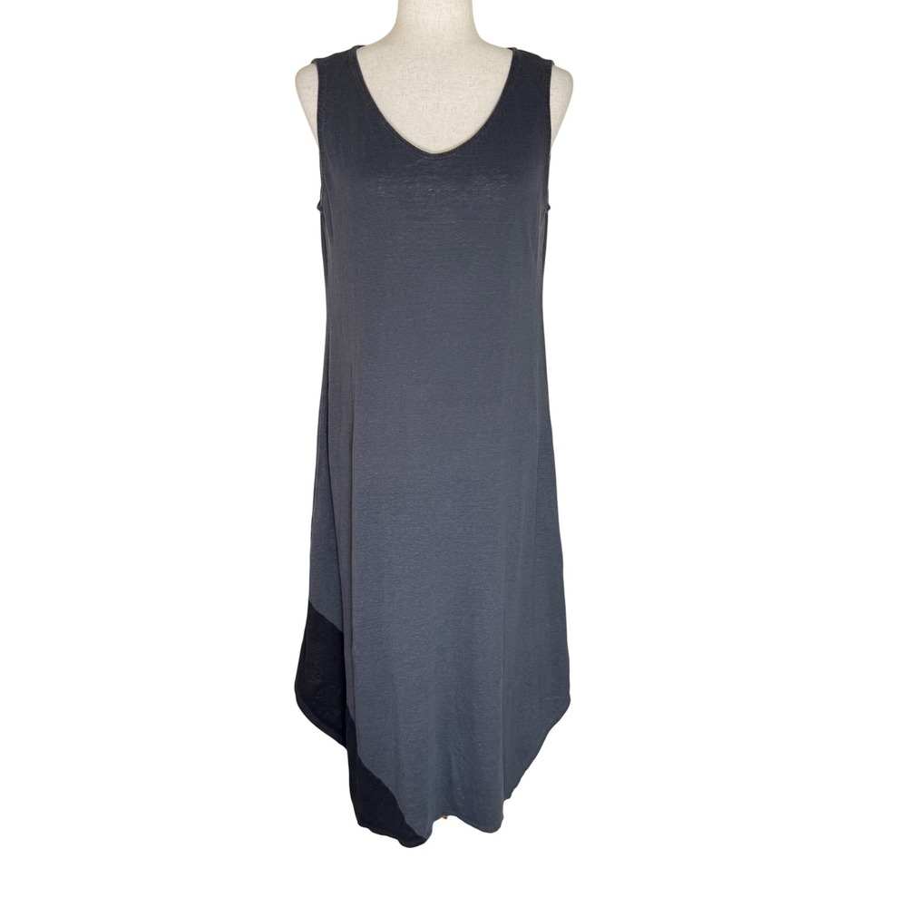 Eileen Fisher Dress Womens S Gray Organic Linen Jersey V-Neck Handkerchief Hem